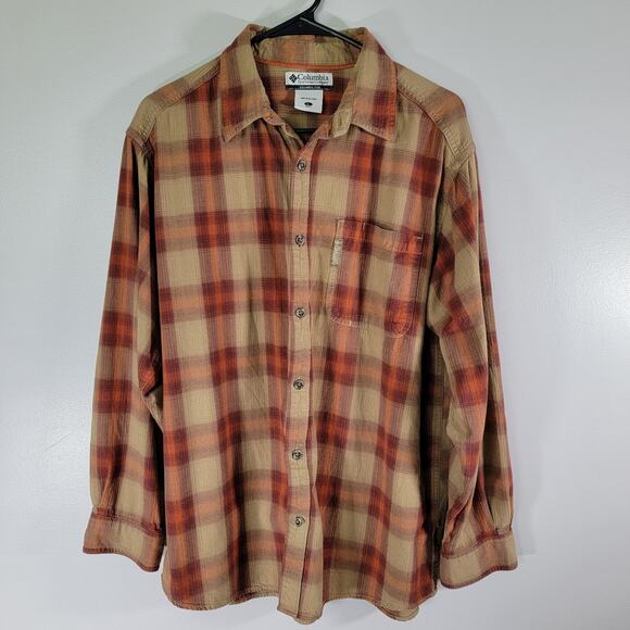 Columbia Button Up Plaid Shirt Mens L Midweight Tan Workwear Office Western Work - Picture 1 of 7